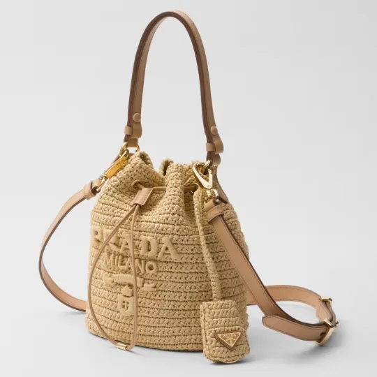 PRADA プラダ◆ラフィア×レザー ミニバケットバッグ ストラップ付 15*19*10CM  240920