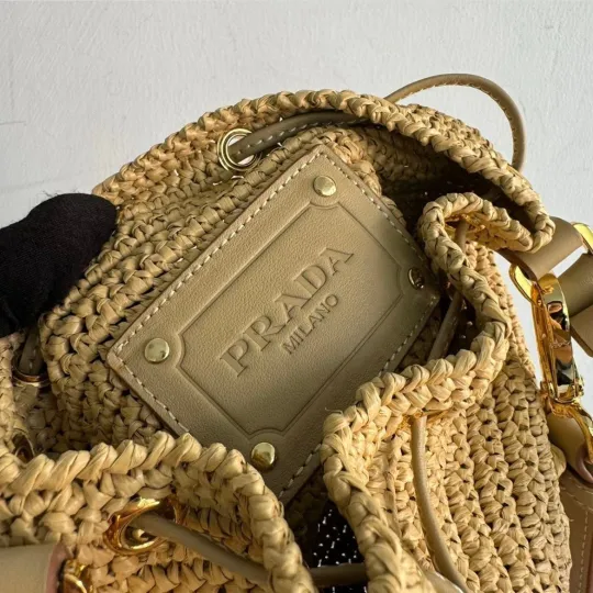 PRADA プラダ◆ラフィア×レザー ミニバケットバッグ ストラップ付 15*19*10CM  240920