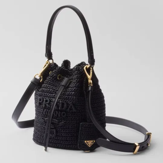 PRADA プラダ◆ラフィア×レザー ミニバケットバッグ ストラップ付 15*19*10CM  240920