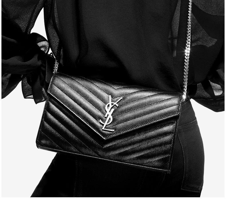 【2024】SAINT LAURENT YSL サンローランレディースミニレターロゴグレインテクスチャーエンボスレザーチェーンウォレット