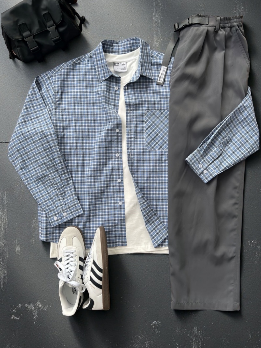 DG STUDIOS DG1158 爽やかな日系カジュアルセットアップ｜チェックシャツ＋グレーワークパンツ