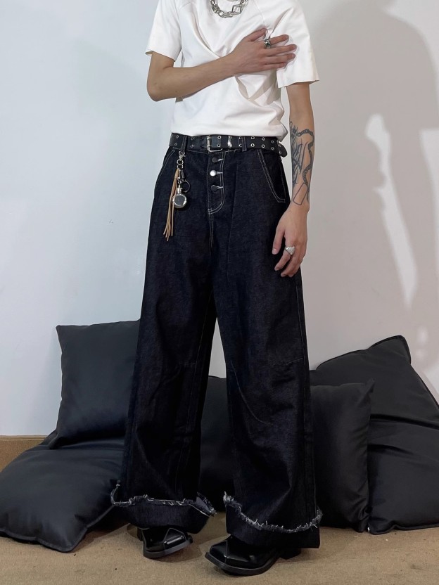 BUTTON-FLY DESIGN TWO-TONE PANELLED JEANS, UNISEX DG008231