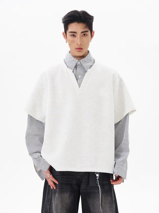 VINTAGE PLAID PANELED FAUX LAYERED HOODIE, UNISEX DG008235