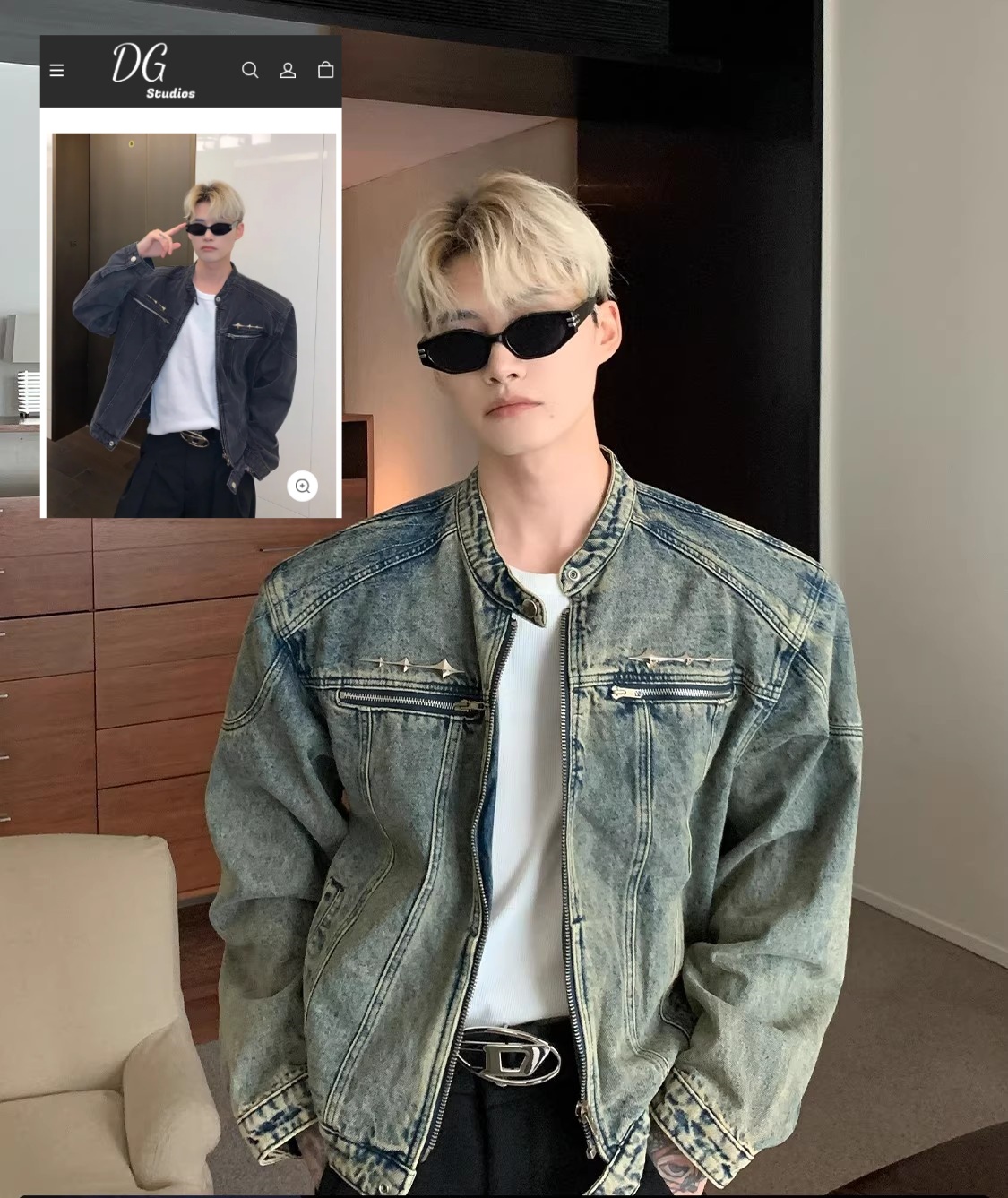 【リピート続出 / 2COLOR / UNISEX】VINTAGE WASH & CLEAN FINISH VORTEX CHAIN DENIM JACKETS（DARK BLUE & BLACK）DG008121