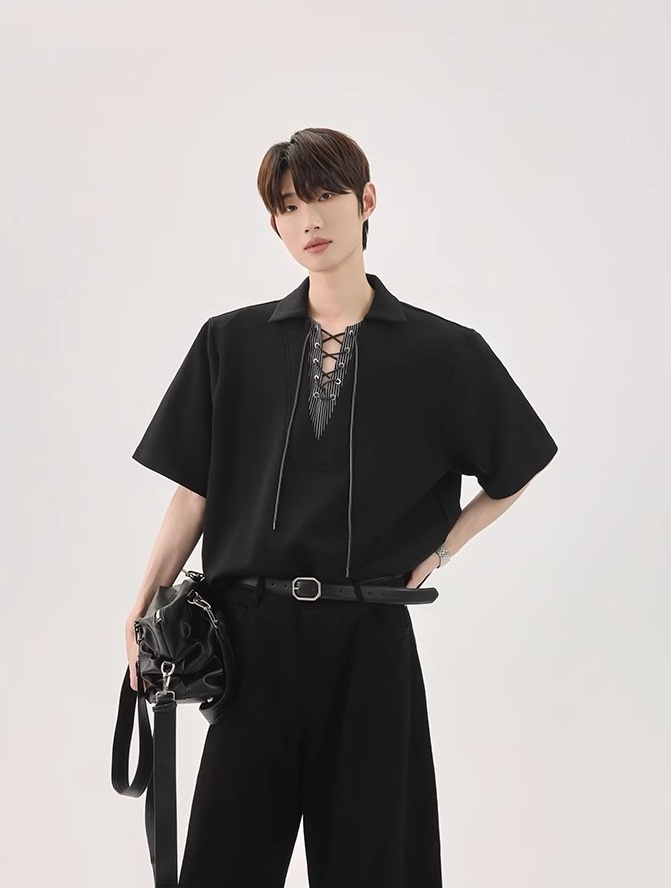 【🔥🛒SNSで話題沸騰中 / 3Color】【COVER:FIT】KOREAN UNIQUE SPLICED TIE V-NECK FAUX TWO-PIECE POLO DG008136