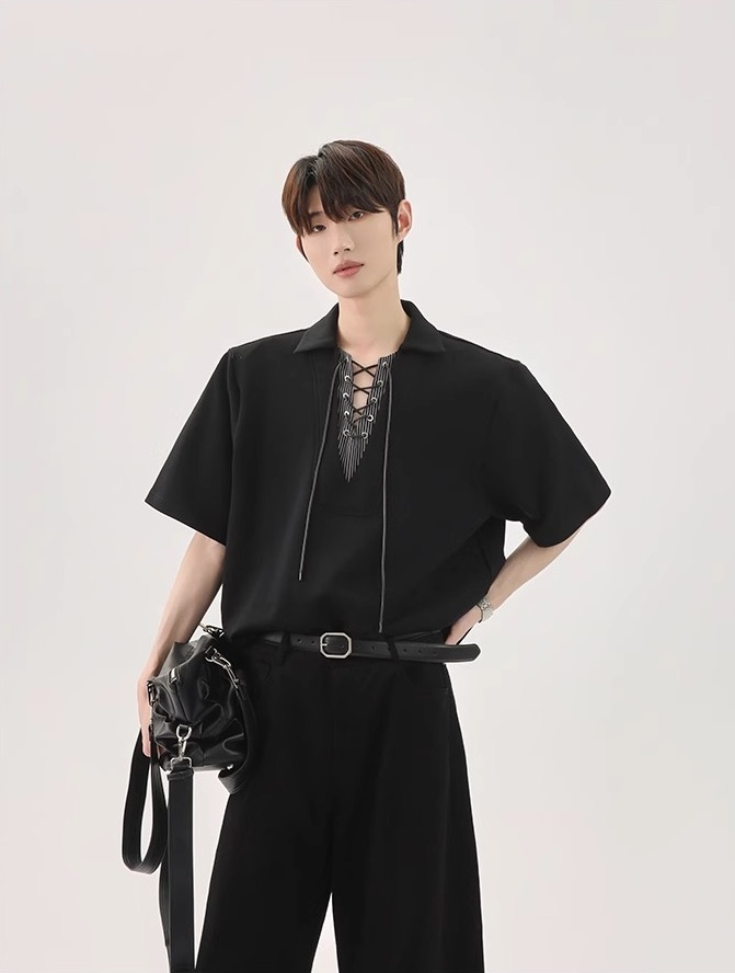 【🔥🛒SNSで話題沸騰中 / 3Color】【COVER:FIT】KOREAN UNIQUE SPLICED TIE V-NECK FAUX TWO-PIECE POLO DG008136