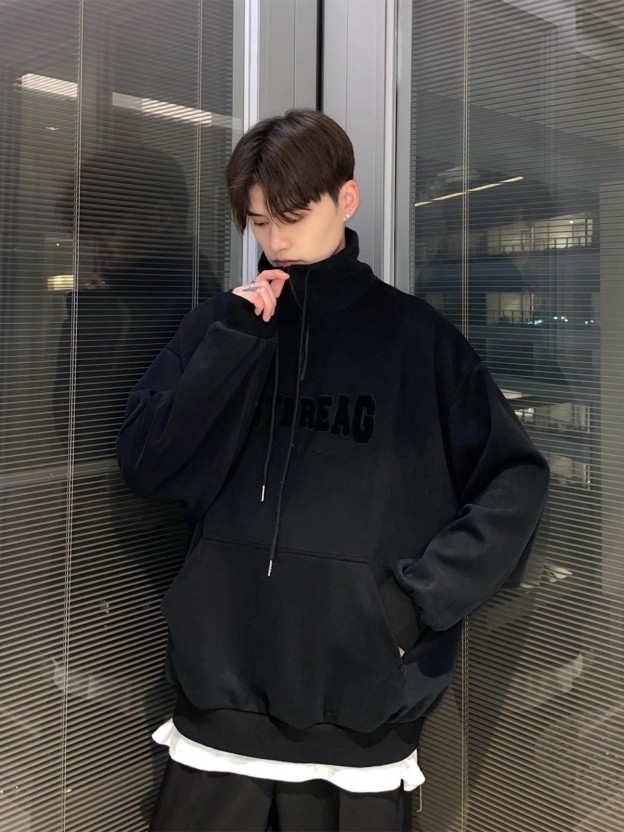 【韓国芸能人着用モデル / 3Color】HALF-ZIP HIGH NECK LETTER HOODIE KOREAN LOOSE DG008133