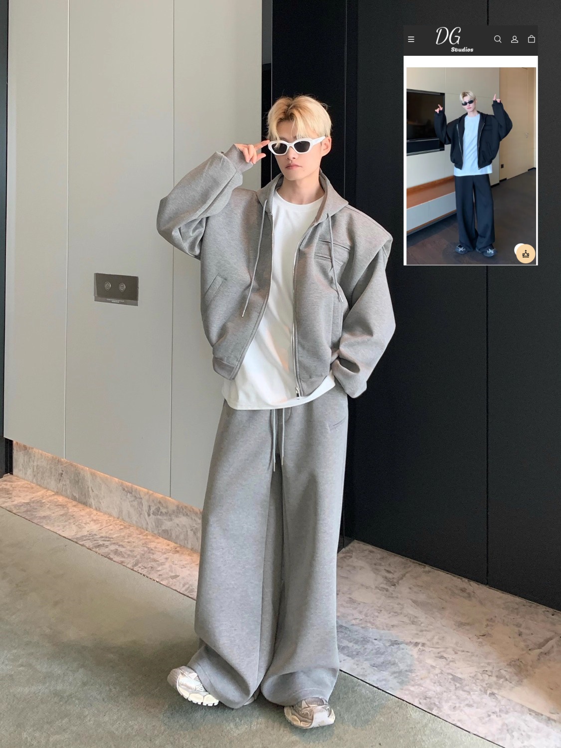 【爆売れ中】UNIQUE LUXURY JACKET SET: PADDED SHOULDER HOODIE + STRAIGHT PANTS DG008134