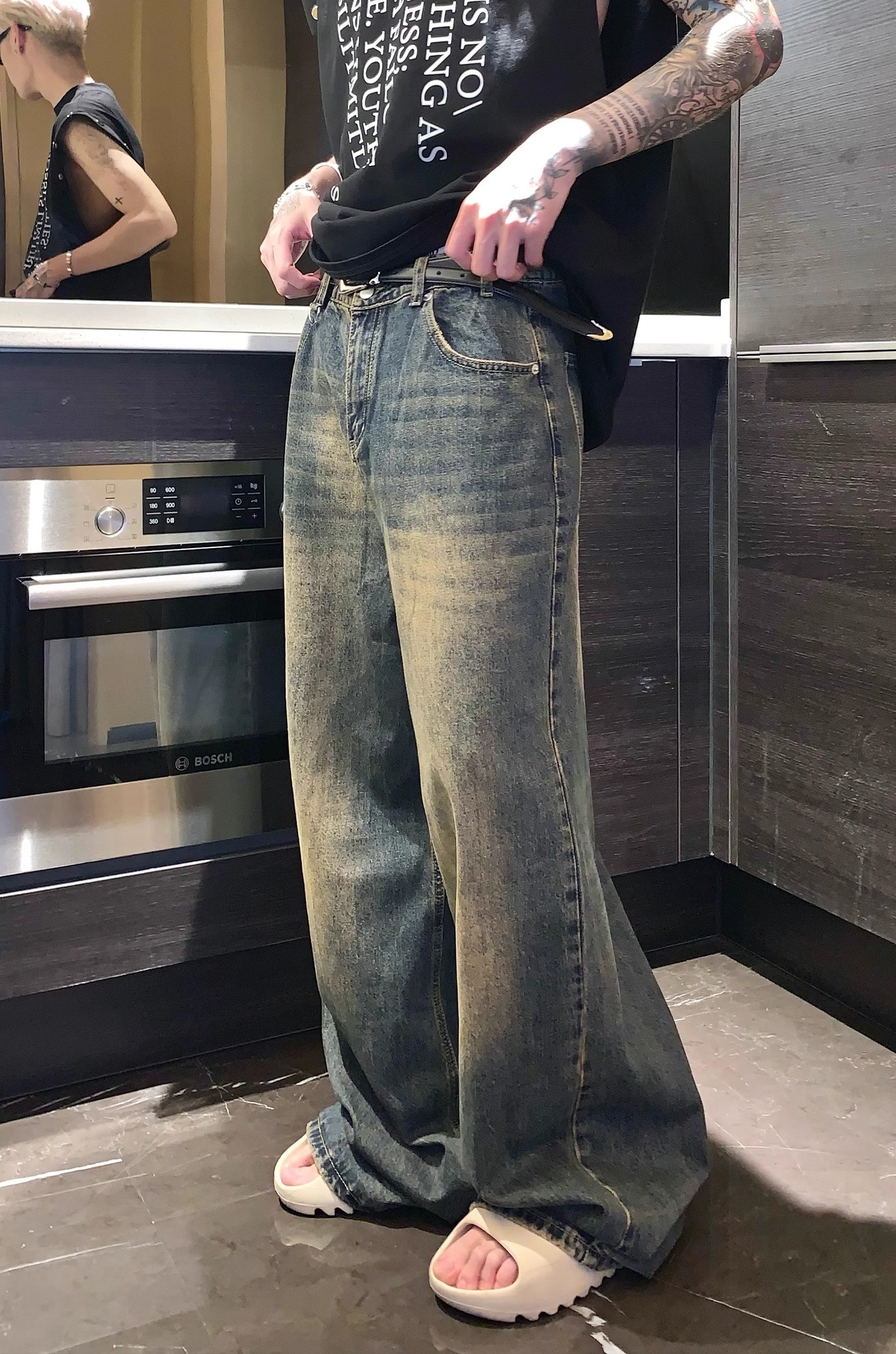 【クラシックベストセラー/ 7Color】MEN'S VINTAGE WASHED DENIM: LOOSE STRAIGHT & WIDE-LEG DRAG PANTS DG008139