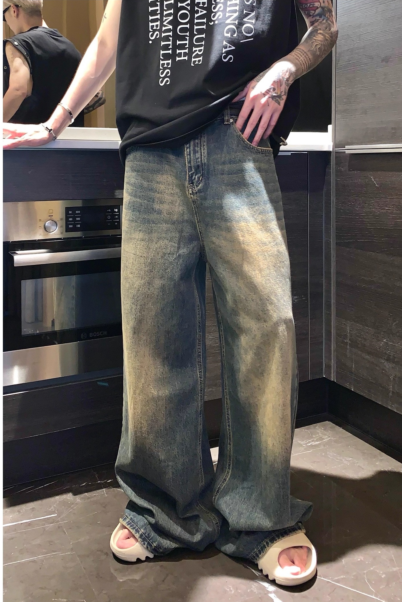【クラシックベストセラー/ 7Color】MEN'S VINTAGE WASHED DENIM: LOOSE STRAIGHT & WIDE-LEG DRAG PANTS DG008139
