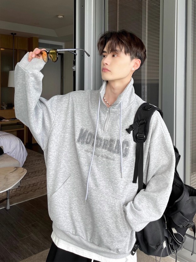 【韓国芸能人着用モデル / 3Color】HALF-ZIP HIGH NECK LETTER HOODIE KOREAN LOOSE DG008133