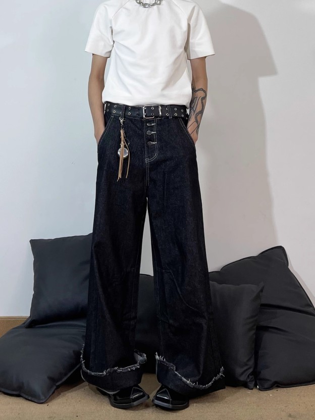 BUTTON-FLY DESIGN TWO-TONE PANELLED JEANS, UNISEX DG008231