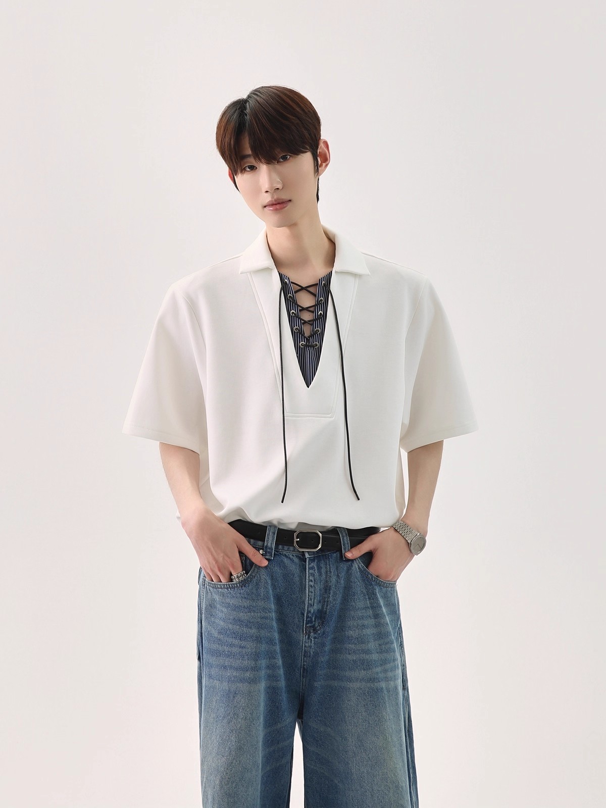 【🔥🛒SNSで話題沸騰中 / 3Color】【COVER:FIT】KOREAN UNIQUE SPLICED TIE V-NECK FAUX TWO-PIECE POLO DG008136