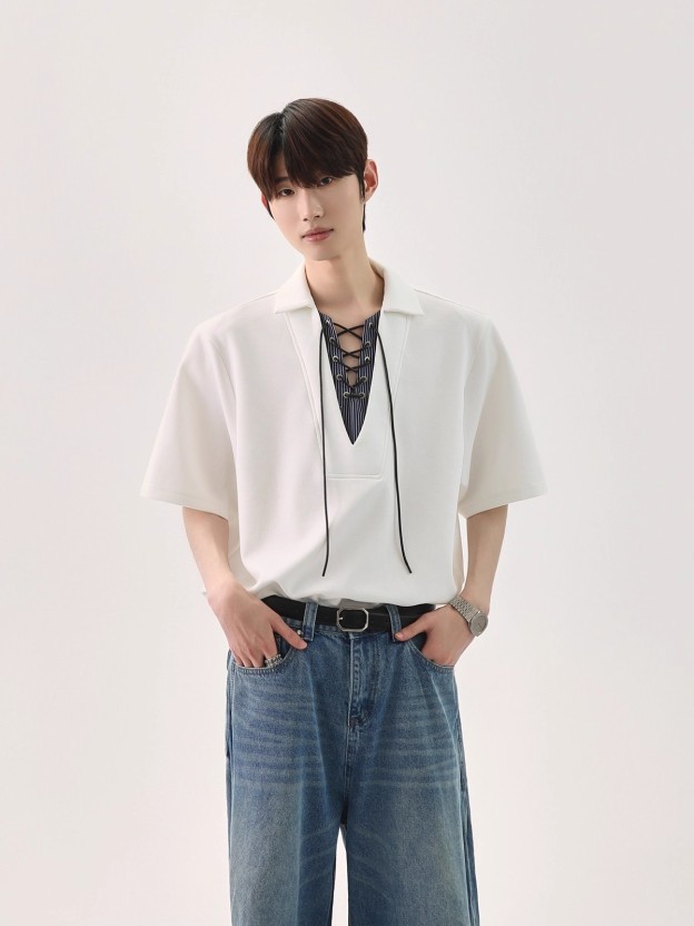 【🔥🛒SNSで話題沸騰中 / 3Color】【COVER:FIT】KOREAN UNIQUE SPLICED TIE V-NECK FAUX TWO-PIECE POLO DG008136