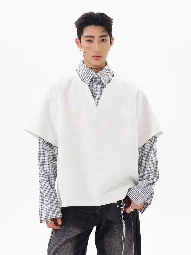 VINTAGE PLAID PANELED FAUX LAYERED HOODIE, UNISEX DG008235