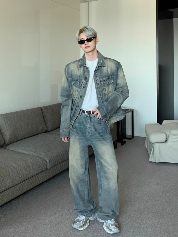 【爆売れ中🧥👖】VINTAGE WASHED DENIM SET: LOOSE PADDED JACKET & STRAIGHT PANTS DG0081312