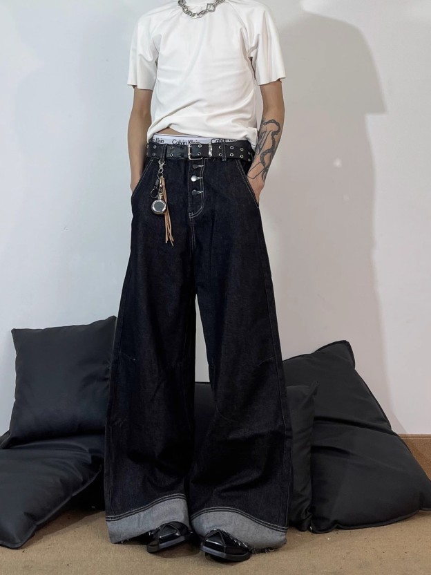 BUTTON-FLY DESIGN TWO-TONE PANELLED JEANS, UNISEX DG008231