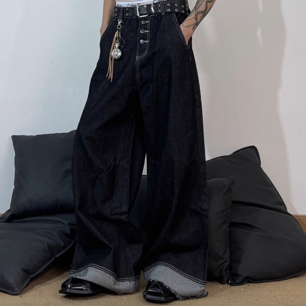 BUTTON-FLY DESIGN TWO-TONE PANELLED JEANS, UNISEX DG008231