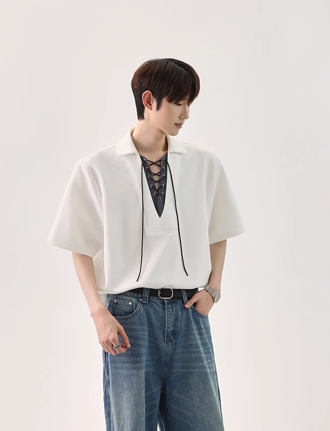 【🔥🛒SNSで話題沸騰中 / 3Color】【COVER:FIT】KOREAN UNIQUE SPLICED TIE V-NECK FAUX TWO-PIECE POLO DG008136