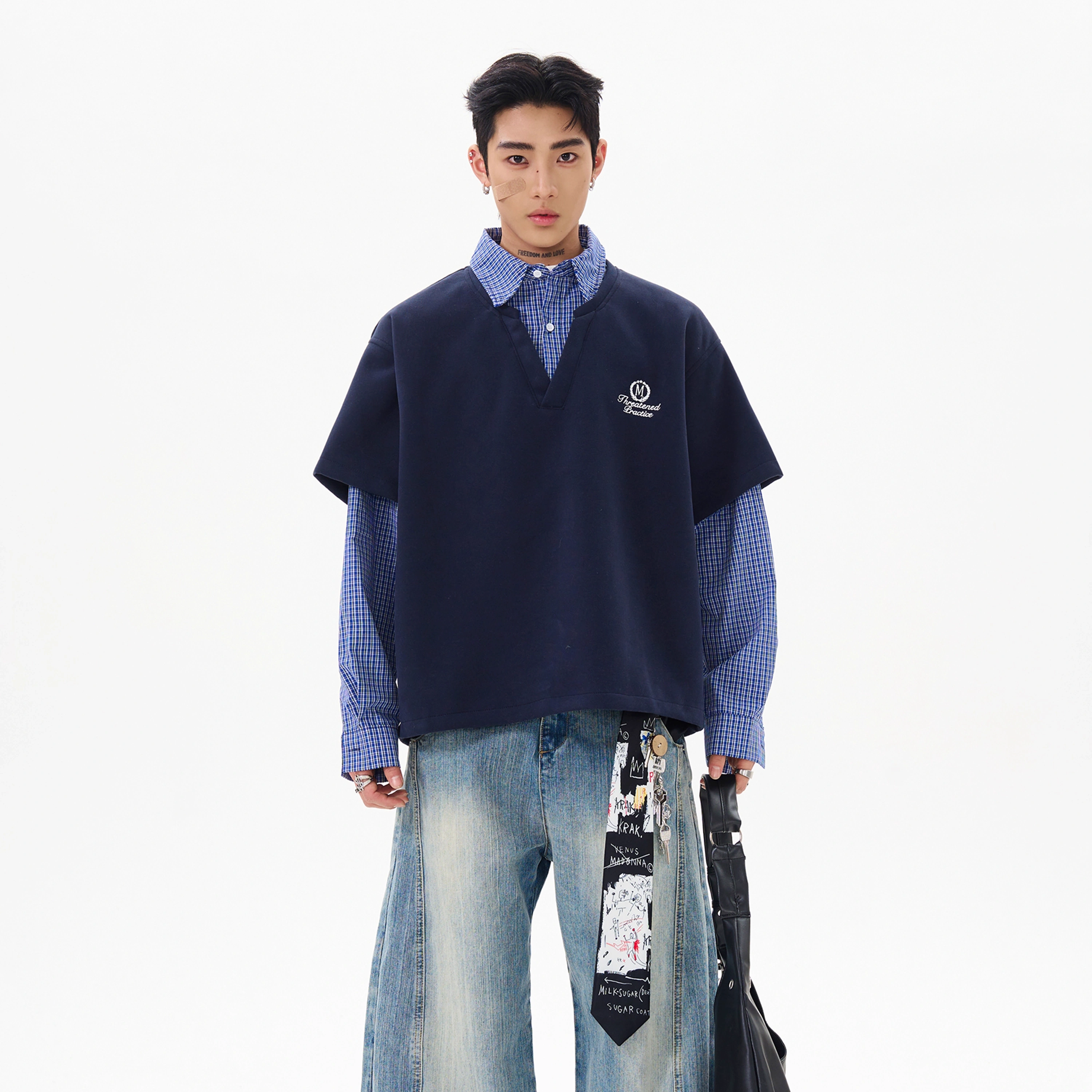 VINTAGE PLAID PANELED FAUX LAYERED HOODIE, UNISEX DG008235