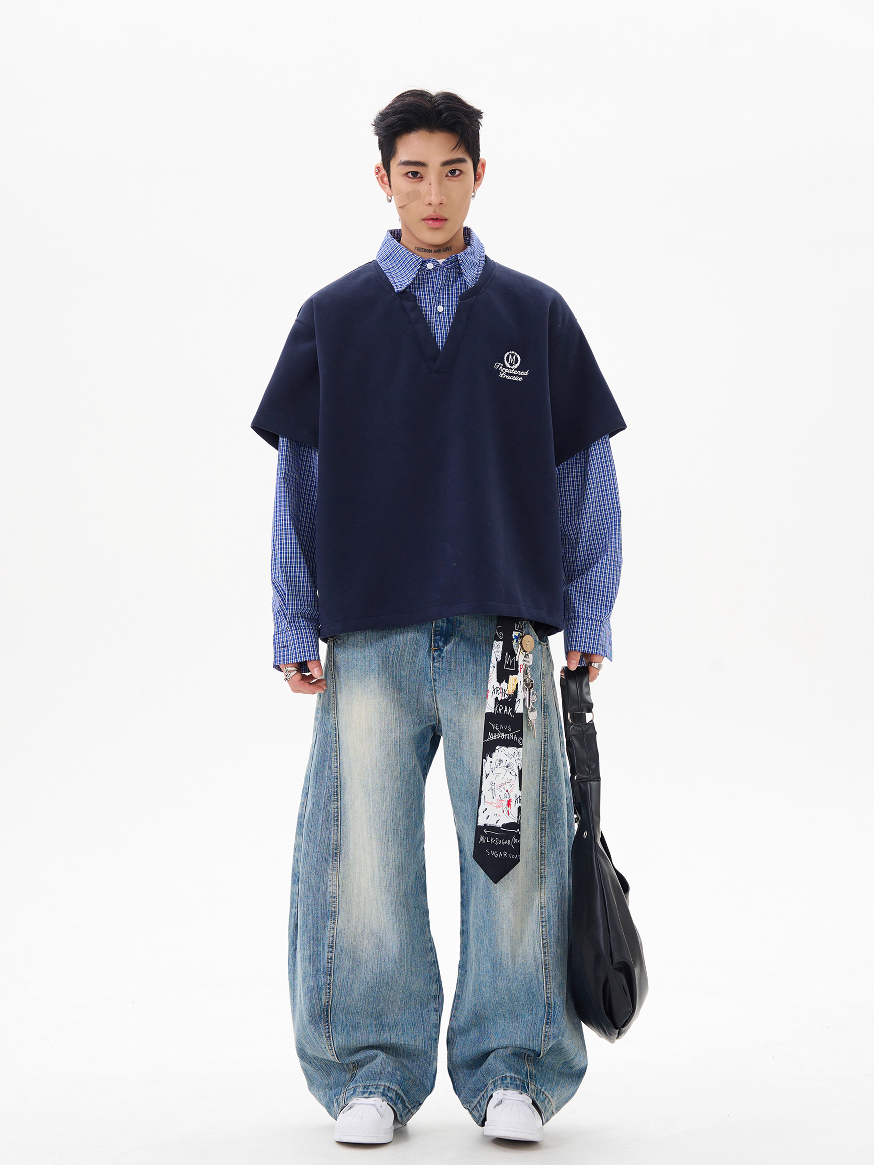 VINTAGE PLAID PANELED FAUX LAYERED HOODIE, UNISEX DG008235