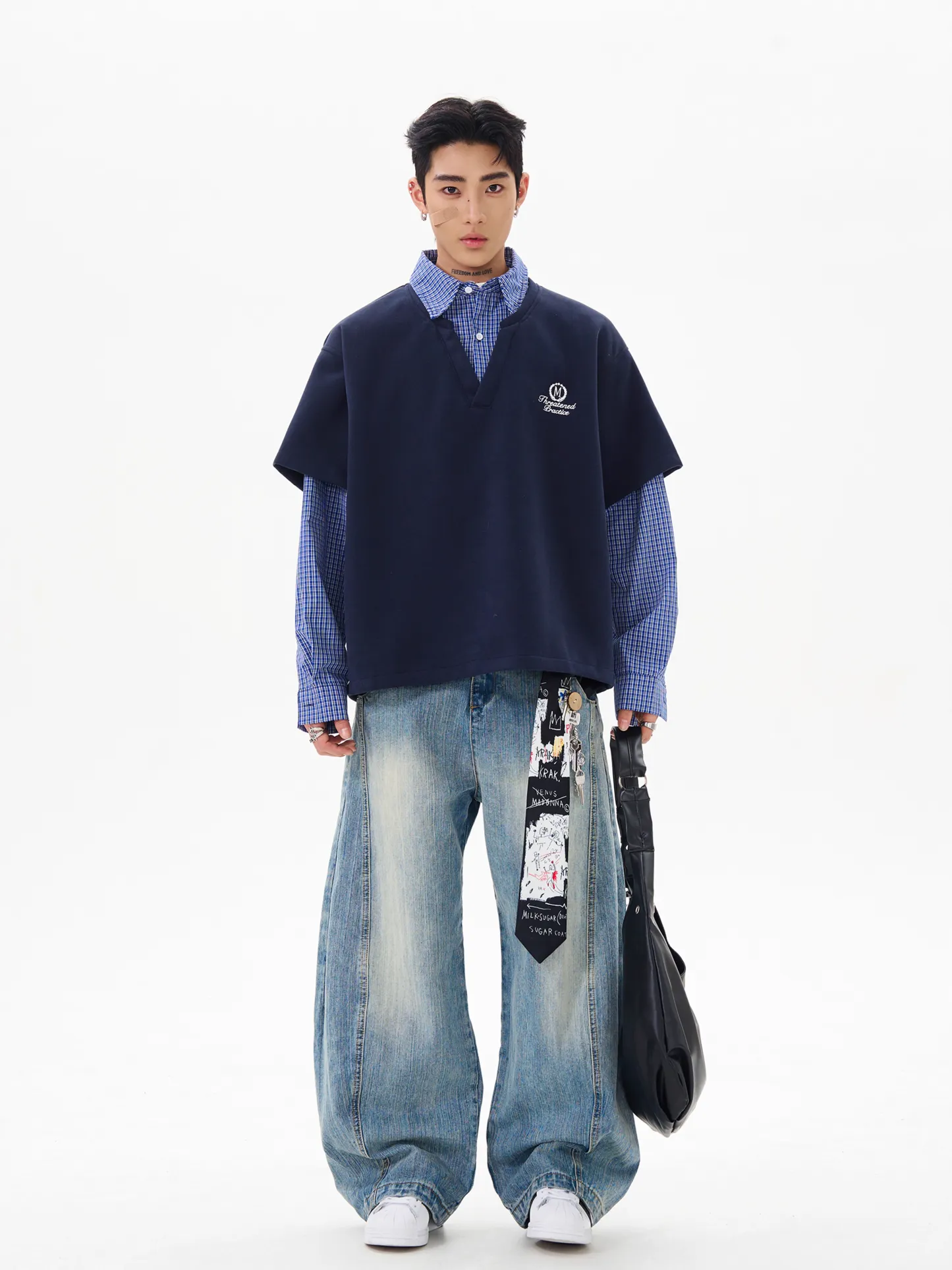 VINTAGE PLAID PANELED FAUX LAYERED HOODIE, UNISEX DG008235