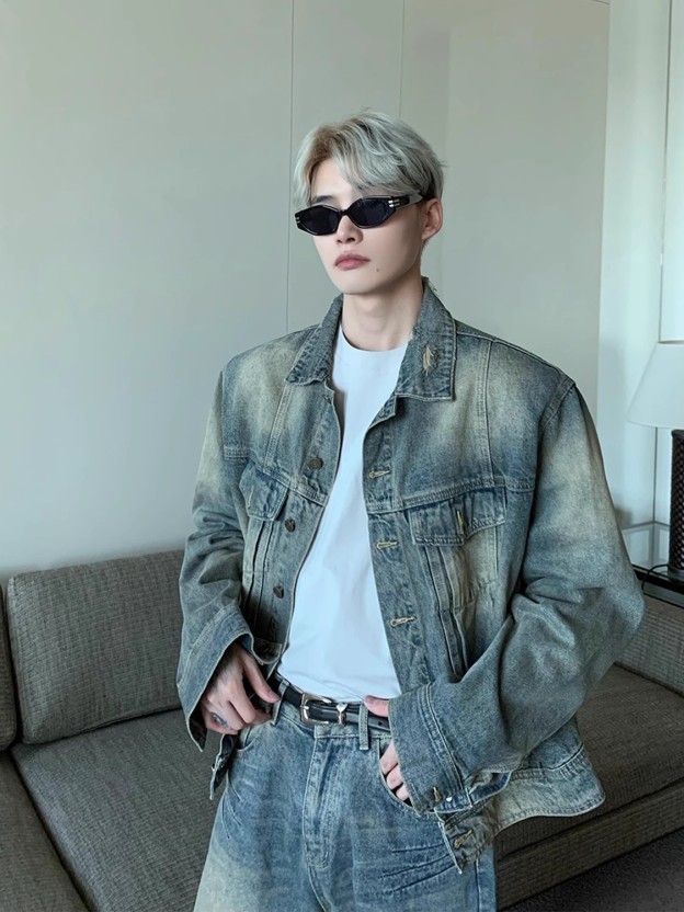 【爆売れ中🧥👖】VINTAGE WASHED DENIM SET: LOOSE PADDED JACKET & STRAIGHT PANTS DG0081312