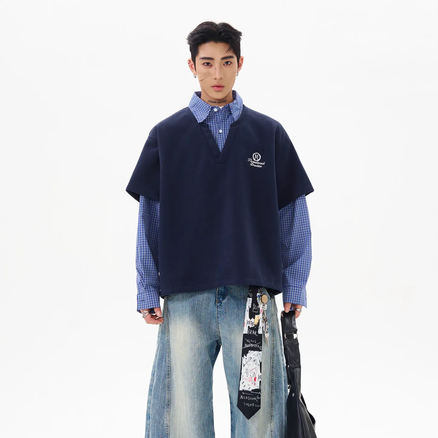 VINTAGE PLAID PANELED FAUX LAYERED HOODIE, UNISEX DG008235