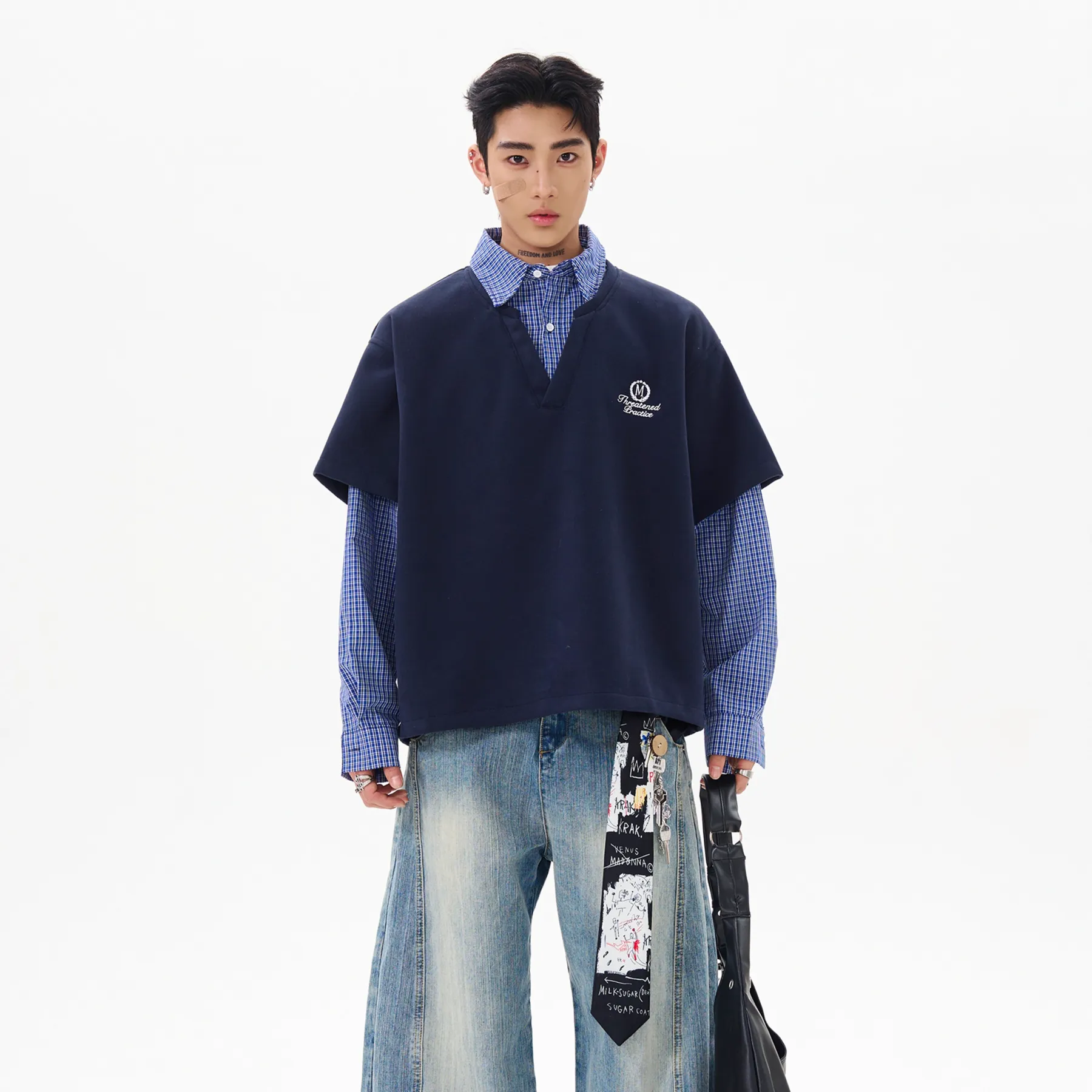 VINTAGE PLAID PANELED FAUX LAYERED HOODIE, UNISEX DG008235