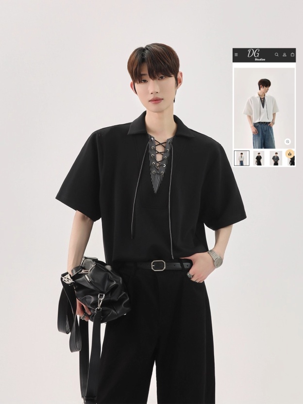 【🔥🛒SNSで話題沸騰中 / 3Color】【COVER:FIT】KOREAN UNIQUE SPLICED TIE V-NECK FAUX TWO-PIECE POLO DG008136