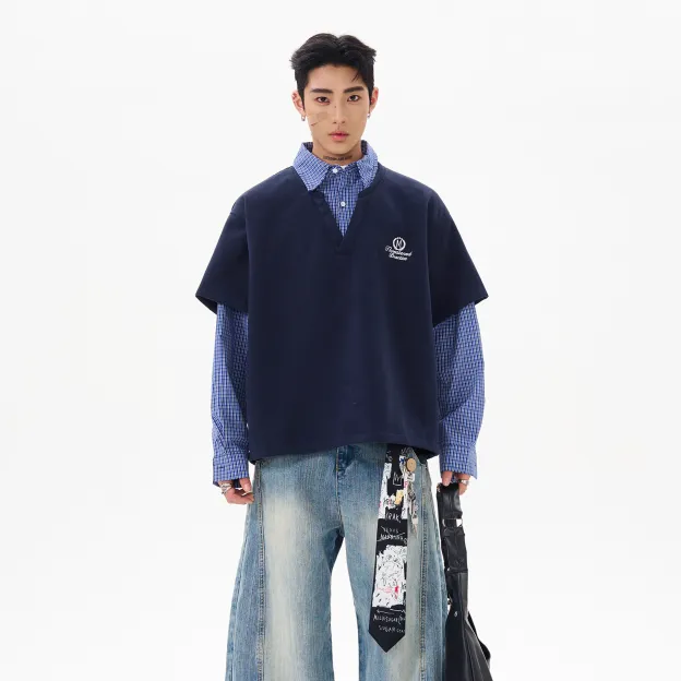 VINTAGE PLAID PANELED FAUX LAYERED HOODIE, UNISEX DG008235