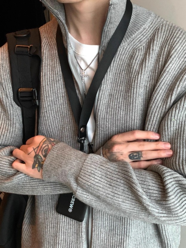 【あきにんき / 2Color】STAND COLLAR ZIP KNIT CARDIGAN MENS KOREAN LOOSE THICK DG008132