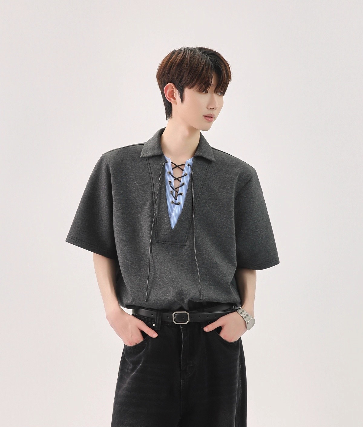 【🔥🛒SNSで話題沸騰中 / 3Color】【COVER:FIT】KOREAN UNIQUE SPLICED TIE V-NECK FAUX TWO-PIECE POLO DG008136