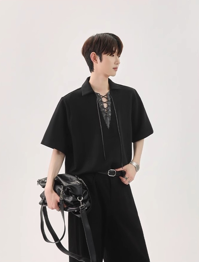 【🔥🛒SNSで話題沸騰中 / 3Color】【COVER:FIT】KOREAN UNIQUE SPLICED TIE V-NECK FAUX TWO-PIECE POLO DG008136