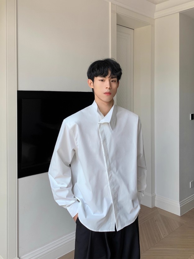 【🔥🛒購入率 No.1 / 2Color】【COVER:FIT】IRREGULAR COLLAR PADDED SHOULDER BUTTON SHIRT LONG SLEEVE DG008135