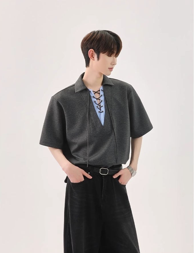 【🔥🛒SNSで話題沸騰中 / 3Color】【COVER:FIT】KOREAN UNIQUE SPLICED TIE V-NECK FAUX TWO-PIECE POLO DG008136