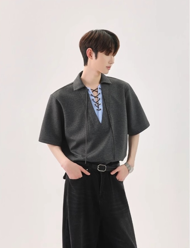 【🔥🛒SNSで話題沸騰中 / 3Color】【COVER:FIT】KOREAN UNIQUE SPLICED TIE V-NECK FAUX TWO-PIECE POLO DG008136