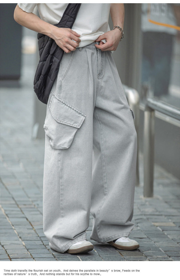 Men's Vintage Washed Cargo Denim Jeans – Loose Fit Straight Leg Utility Pants