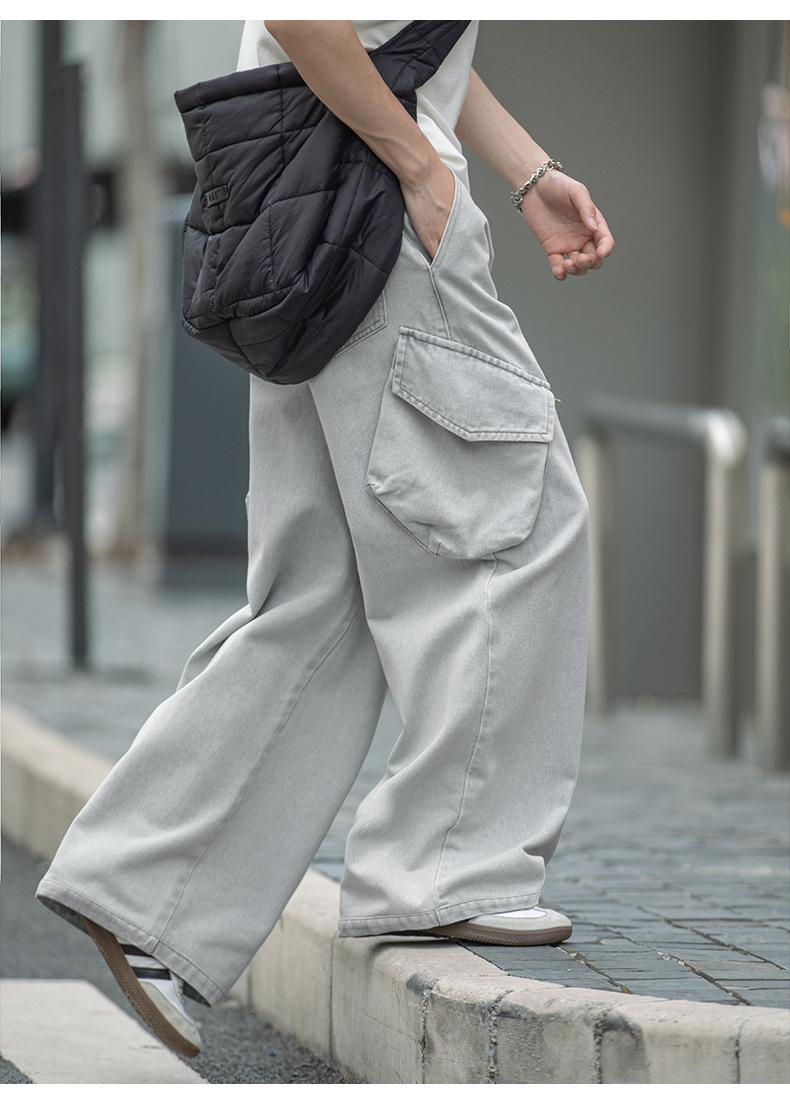 Men's Vintage Washed Cargo Denim Jeans – Loose Fit Straight Leg Utility Pants