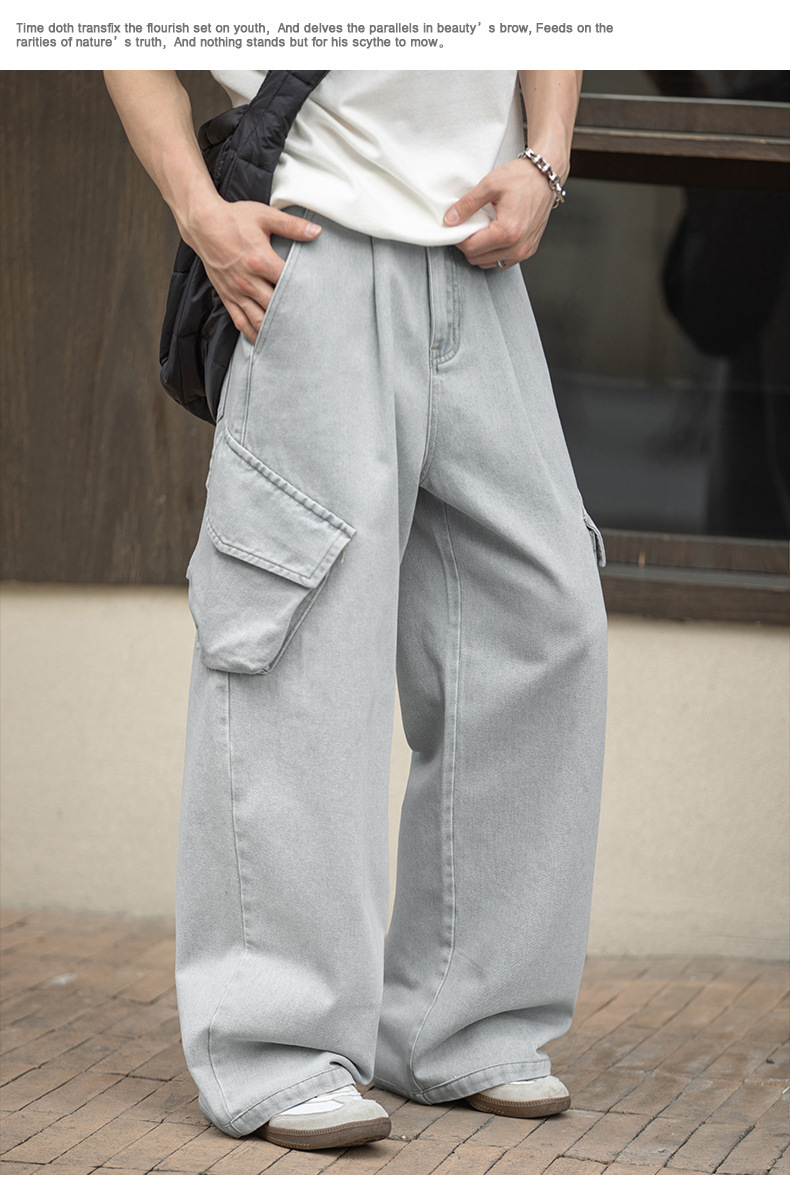 Men's Vintage Washed Cargo Denim Jeans – Loose Fit Straight Leg Utility Pants