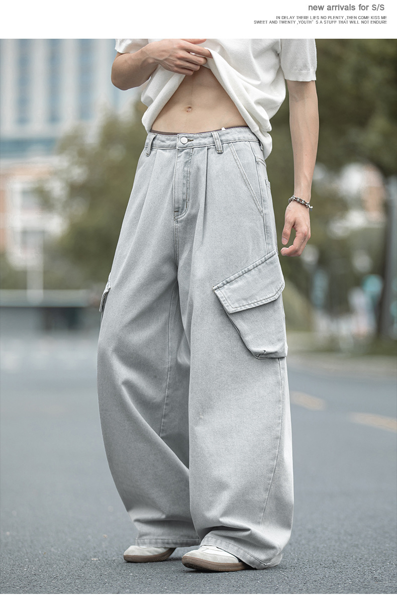 Men's Vintage Washed Cargo Denim Jeans – Loose Fit Straight Leg Utility Pants