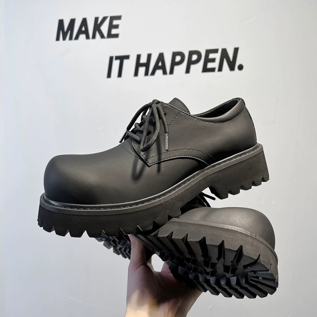 【🔥最近Tiktok人気】ユニセックス 厚底ブラックダービーシューズ – マットレザーの大きめトゥ、スタイルアップ効果