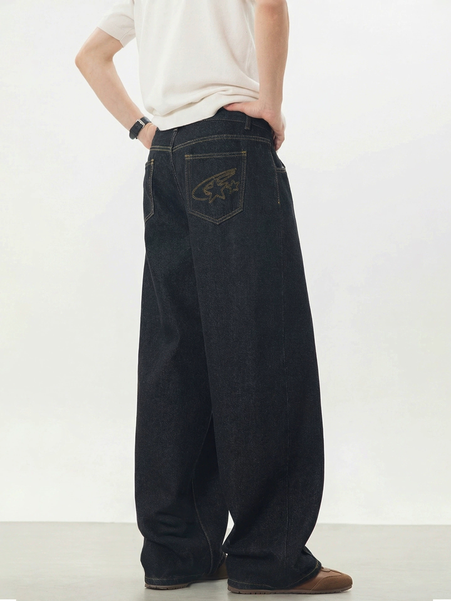 Men's Vintage Center Seam Straight Leg Jeans – Contrast Stitch Loose Fit Casual Denim Pants