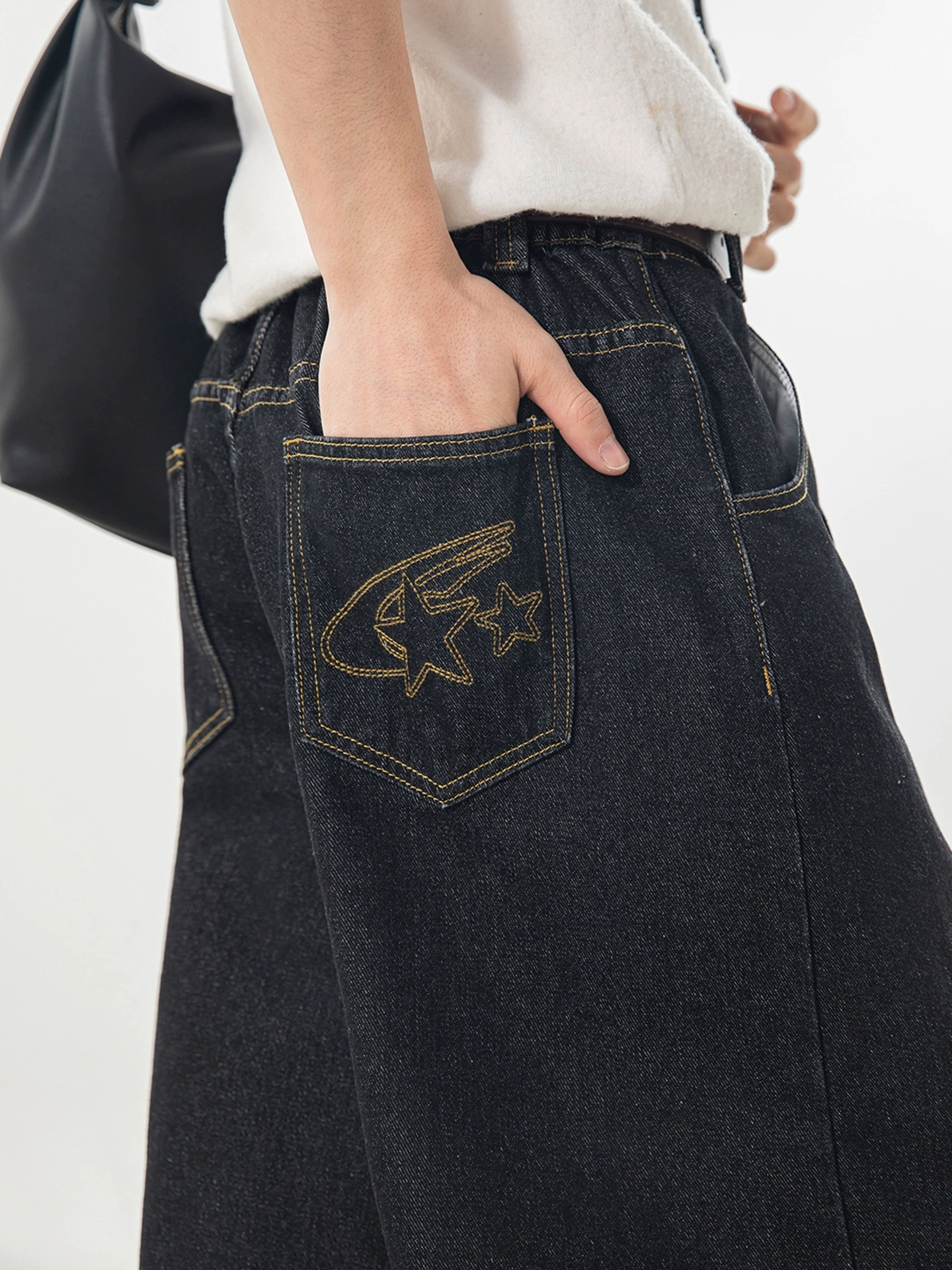 Men's Vintage Center Seam Straight Leg Jeans – Contrast Stitch Loose Fit Casual Denim Pants