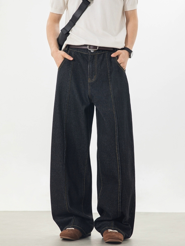 Men's Vintage Center Seam Straight Leg Jeans – Contrast Stitch Loose Fit Casual Denim Pants