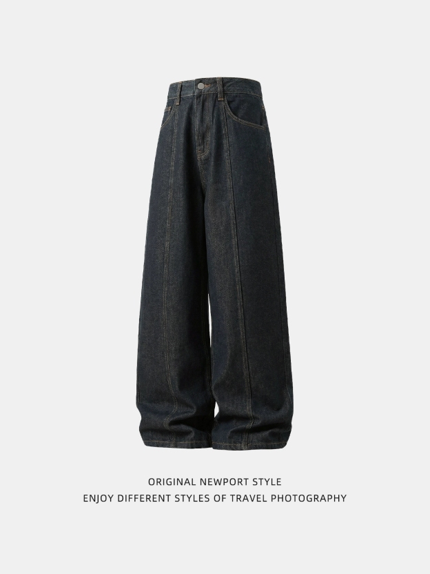 Men's Vintage Center Seam Straight Leg Jeans – Contrast Stitch Loose Fit Casual Denim Pants