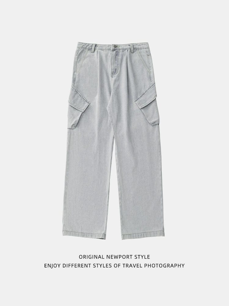 Men's Vintage Washed Cargo Denim Jeans – Loose Fit Straight Leg Utility Pants