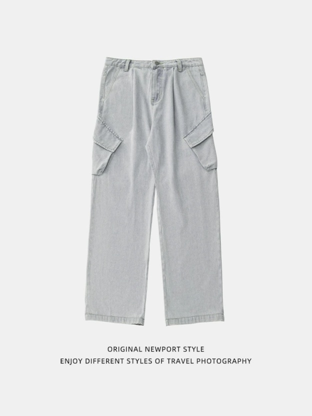 Men's Vintage Washed Cargo Denim Jeans – Loose Fit Straight Leg Utility Pants