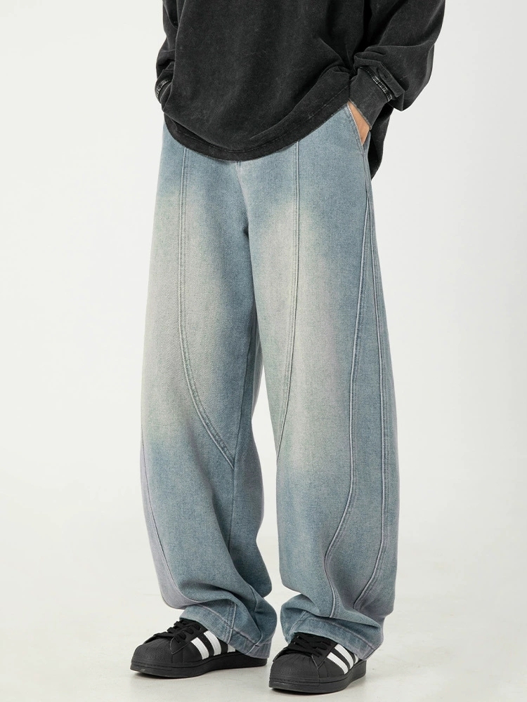 Men's Japanese Style Washed Wide Leg Jeans – Vintage Distressed Loose Fit Denim Pants