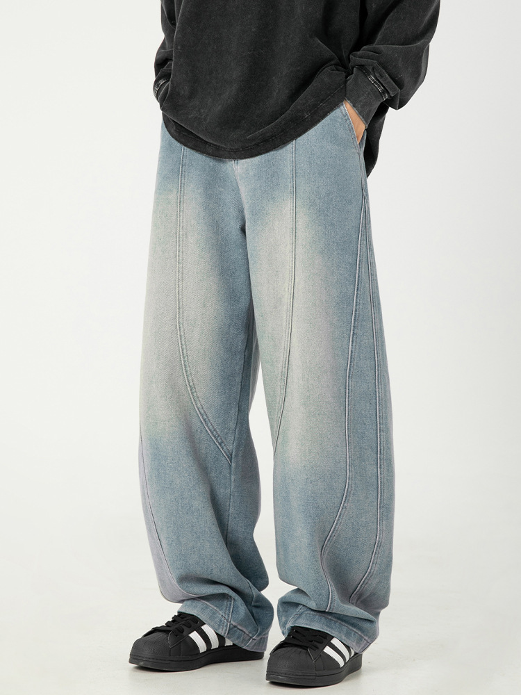 Men's Japanese Style Washed Wide Leg Jeans – Vintage Distressed Loose Fit Denim Pants